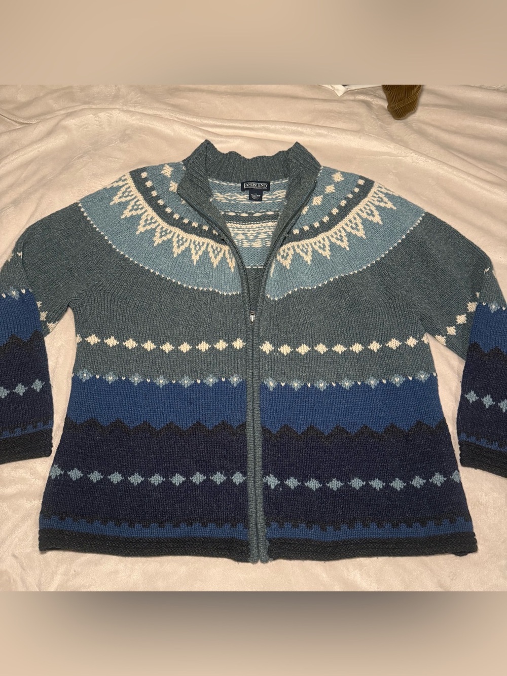 Lands' End Women's Blue and Cream Zip-Front Nordic Cardigan